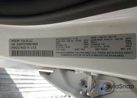 2022 Ram 1500 Limited Longhorn 4X4 6'4 Box z USA, uszkodzony, nr VIN 1C6SRFSTXNN319559